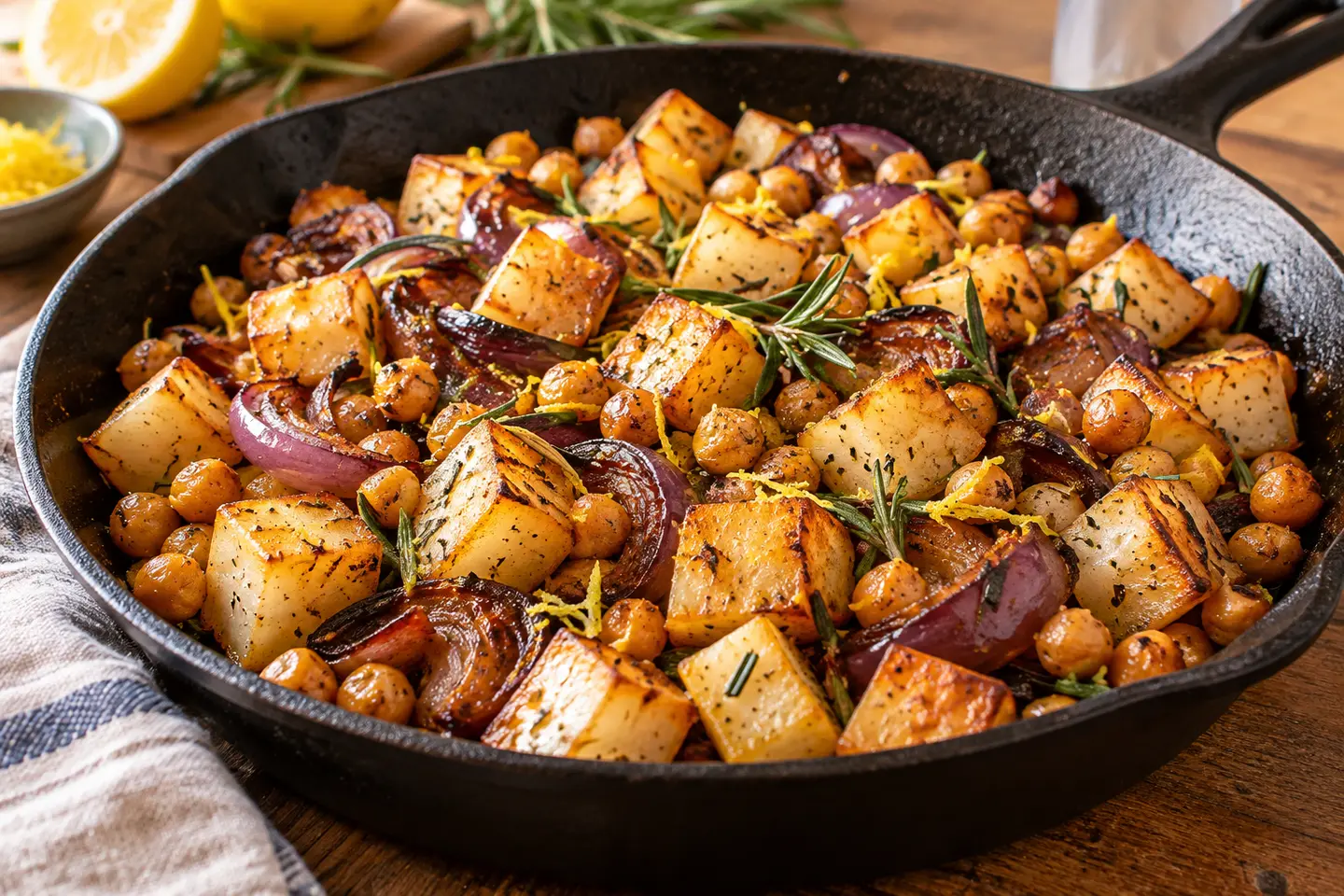 Maple-mustard turnip hash with crisp chickpeas, caramelized red onion, rosemary and lemon zest in a cast-iron skillet