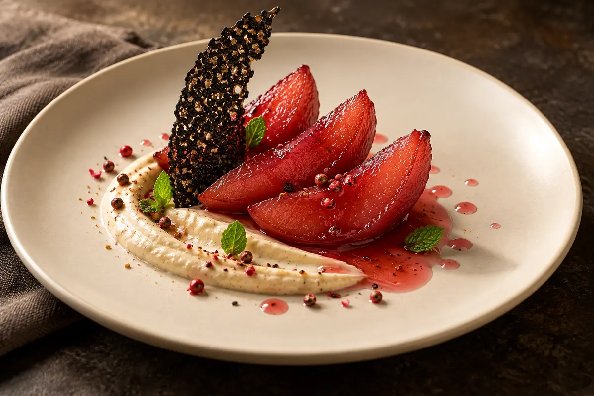 Vanilla-poached ruby quince wedges with cardamom cashew cream, curved black sesame tuile and rose-pink pepper syrup on an ivory plate