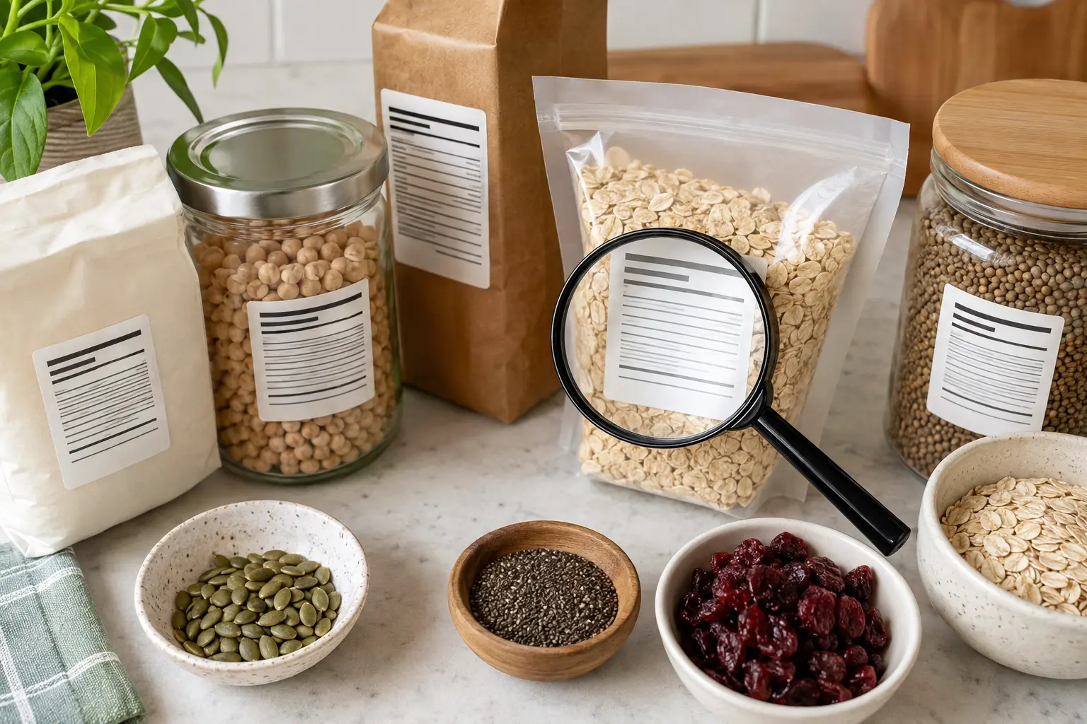Unbranded Canadian food packages showing ingredient panels under a magnifying glass beside oats, chickpeas, seeds and dried fruit