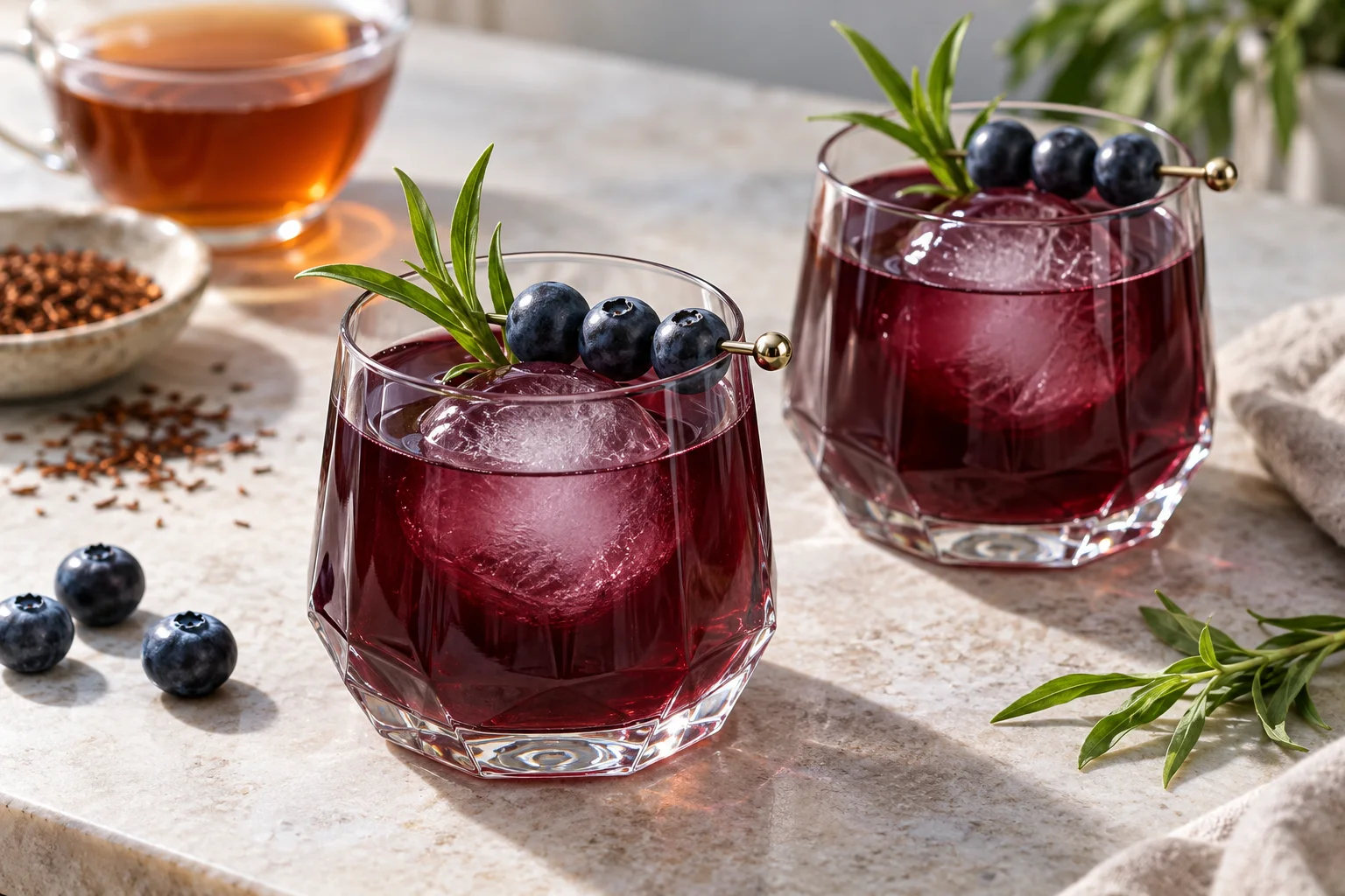 Two faceted stemless glasses of deep plum-purple blueberry-rooibos mocktail over clear ice spheres, garnished with blueberry picks and fresh tarragon tips.
