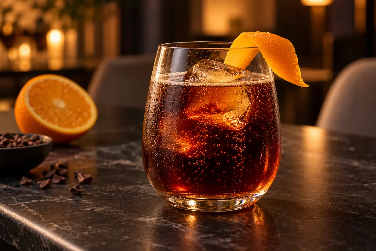 Deep mahogany cacao-orange cold brew spritz with fine bubbles, one clear ice cube and an orange twist in a stemless glass