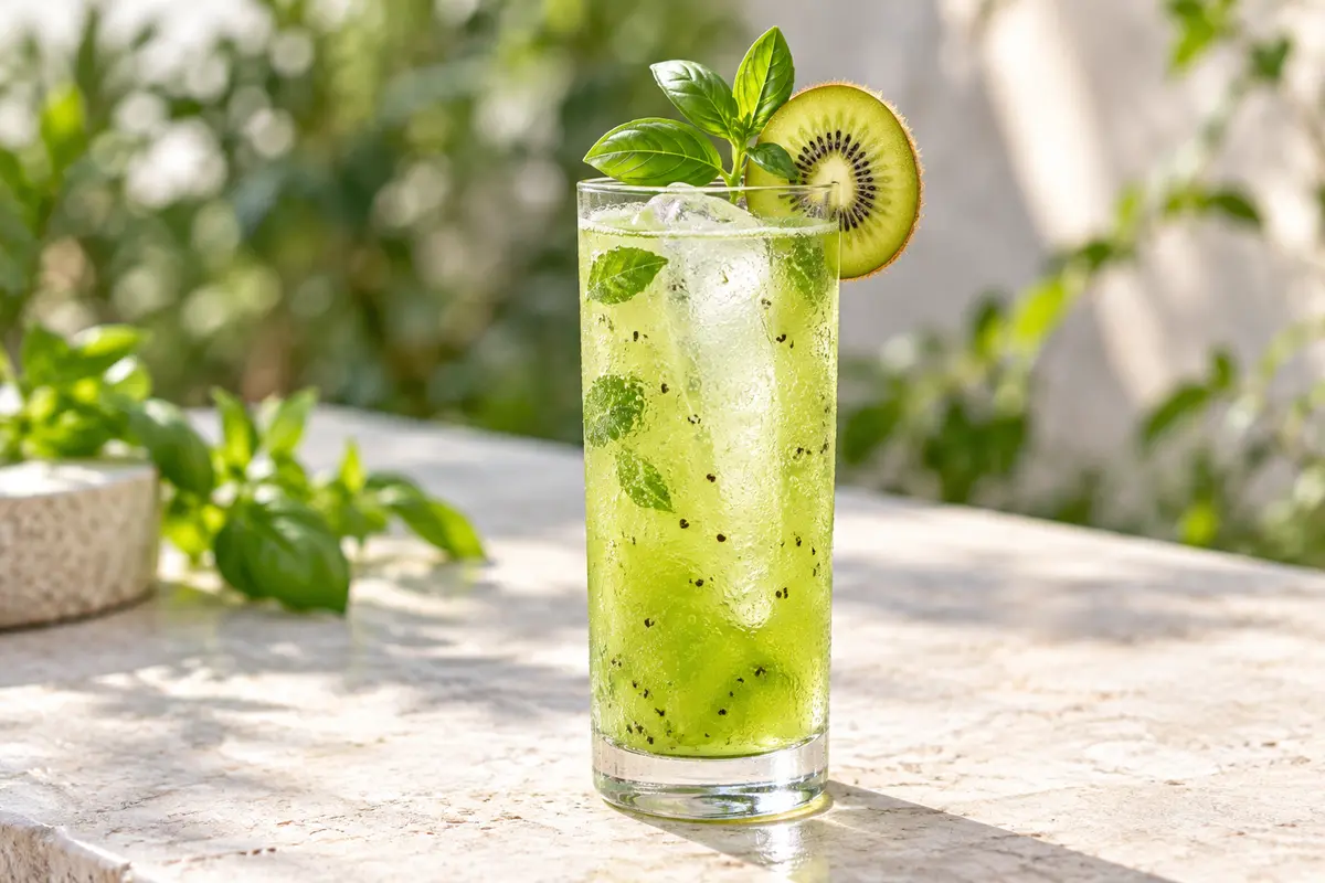 Bright green kiwi basil coconut-water highball with bubbles, clear ice, kiwi wheel and basil garnish