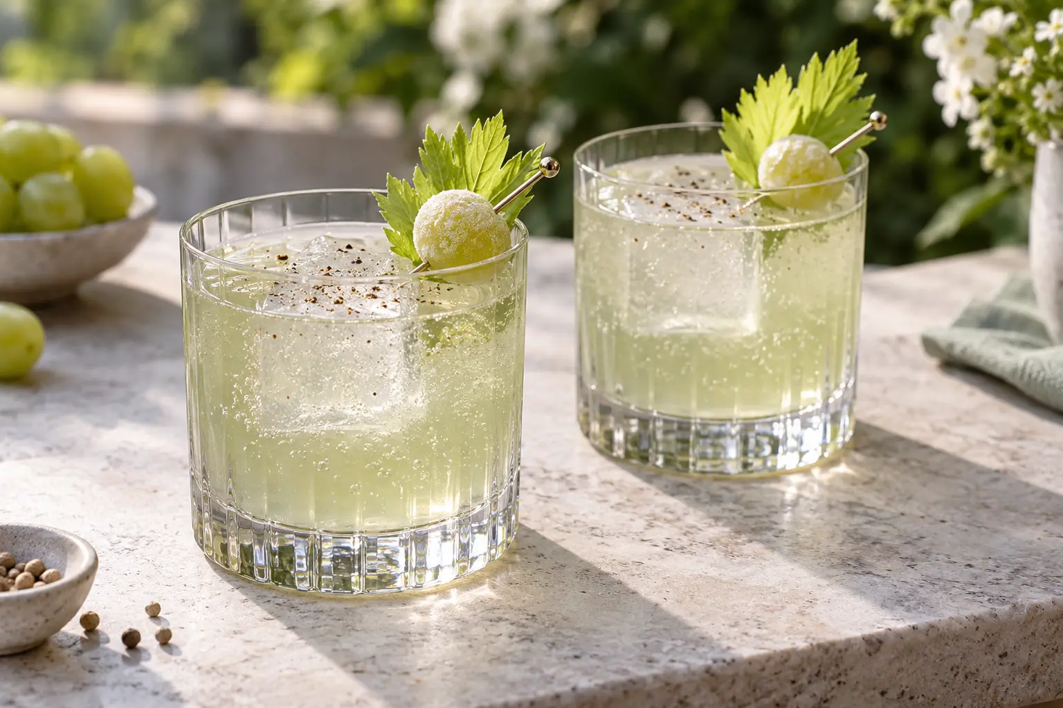 Two pale-jade celery and green grape shrub mocktails with clear ice, fine bubbles, celery leaves, frozen grape garnishes and white pepper