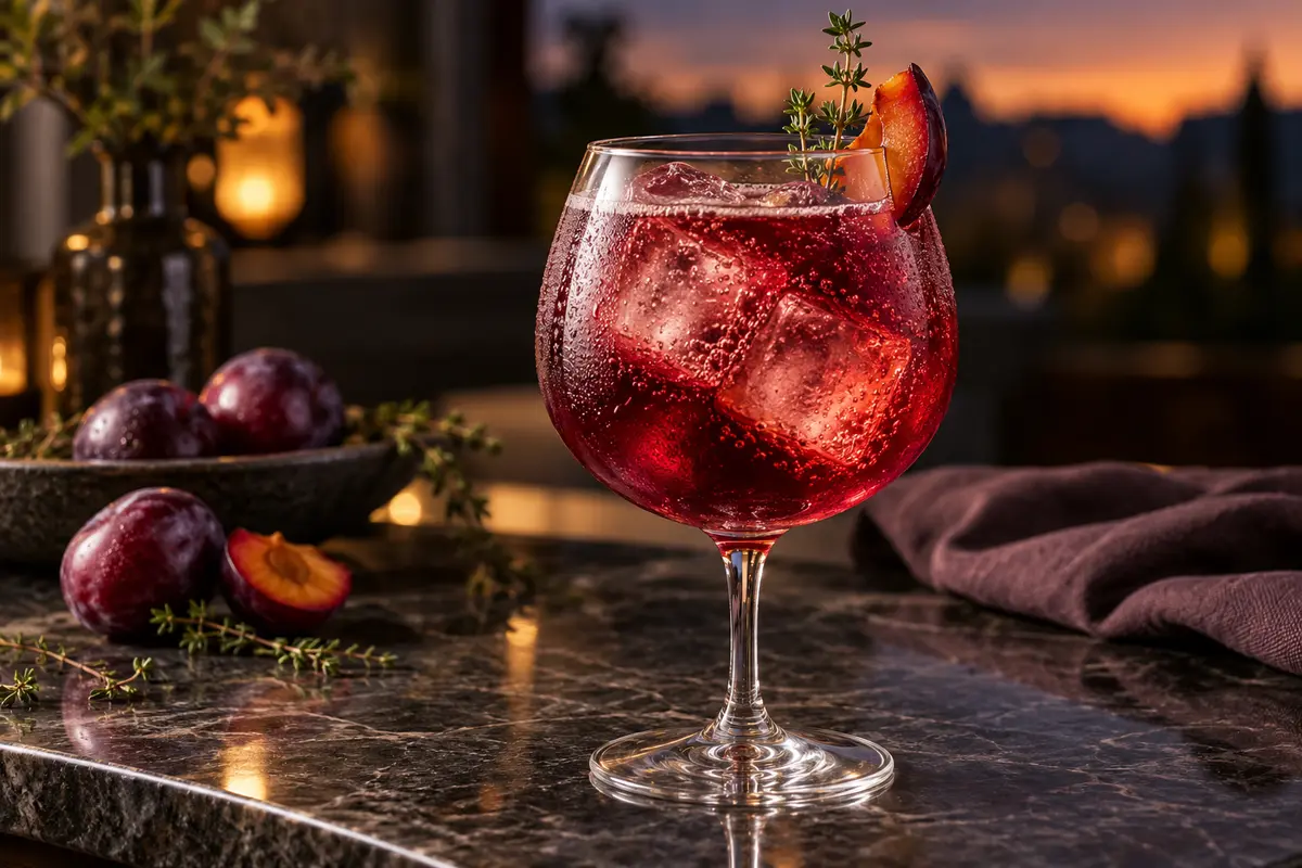 Deep garnet roasted plum and thyme tonic with large clear ice cubes in a stemmed balloon goblet