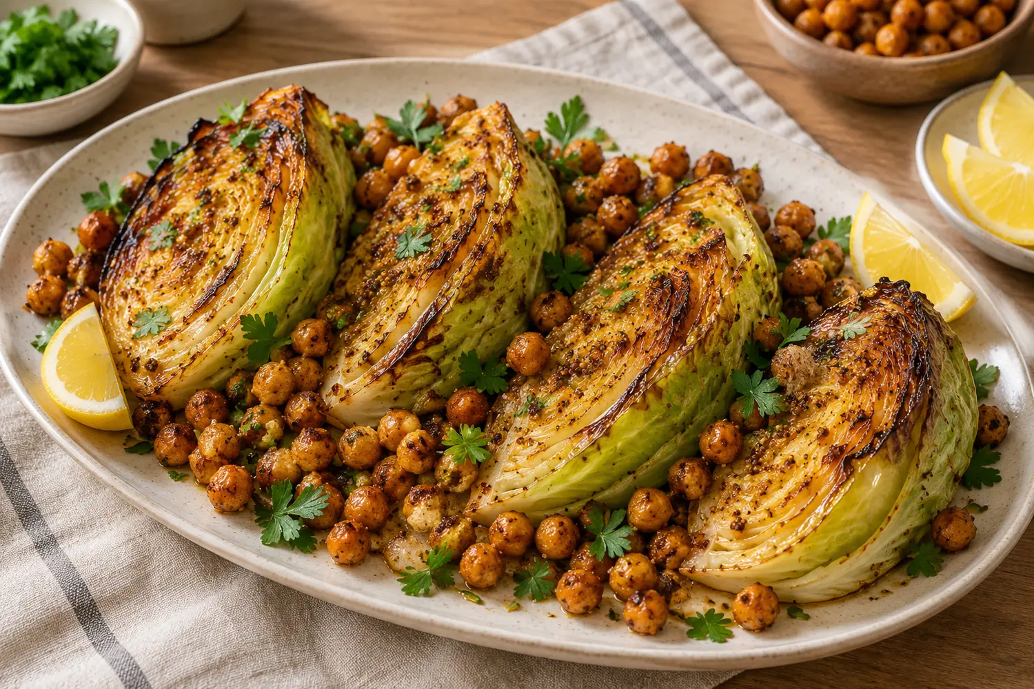 Roasted maple-mustard cabbage wedges with crispy chickpeas, parsley and lemon on a ceramic platter