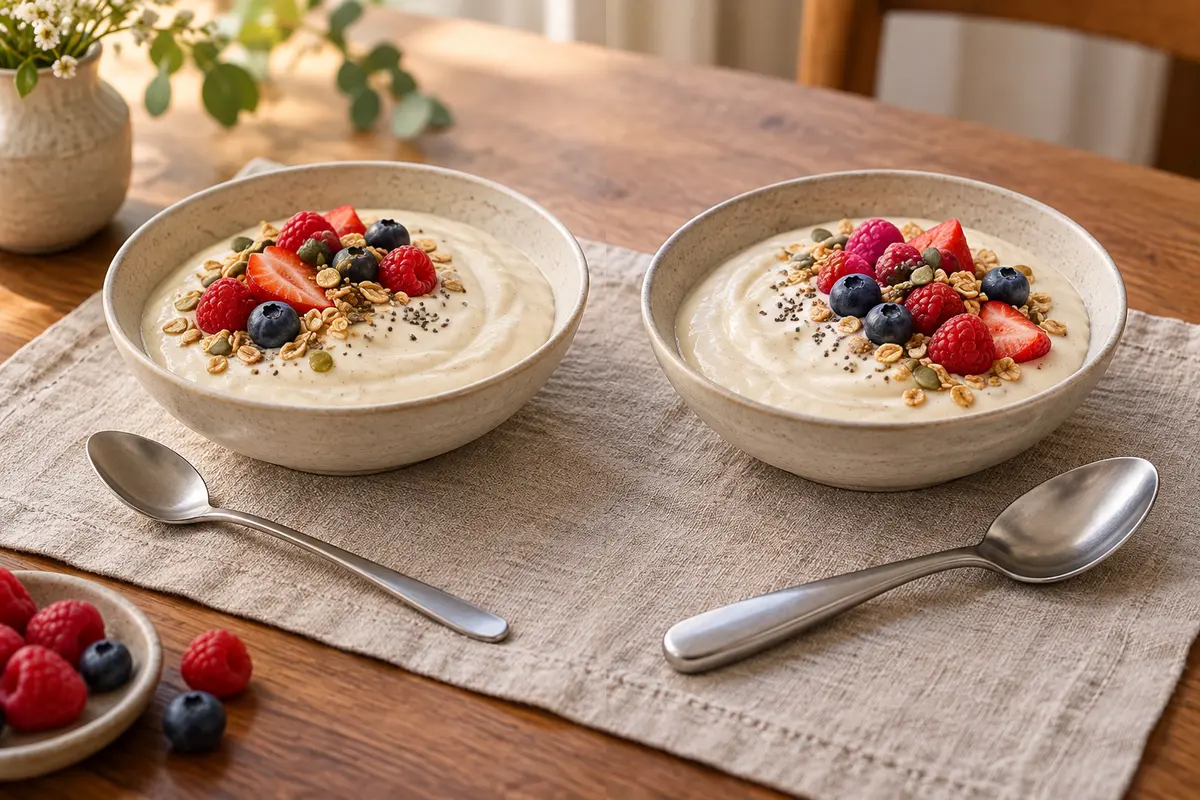 Two differently weighted stainless steel spoons beside identical bowls of creamy vegan yoghurt on a warmly lit table
