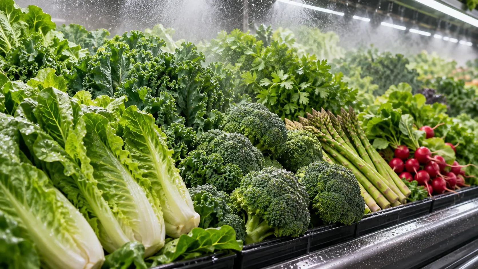 Fine mist drifting over fresh lettuce, broccoli, asparagus and herbs in a clean supermarket produce display