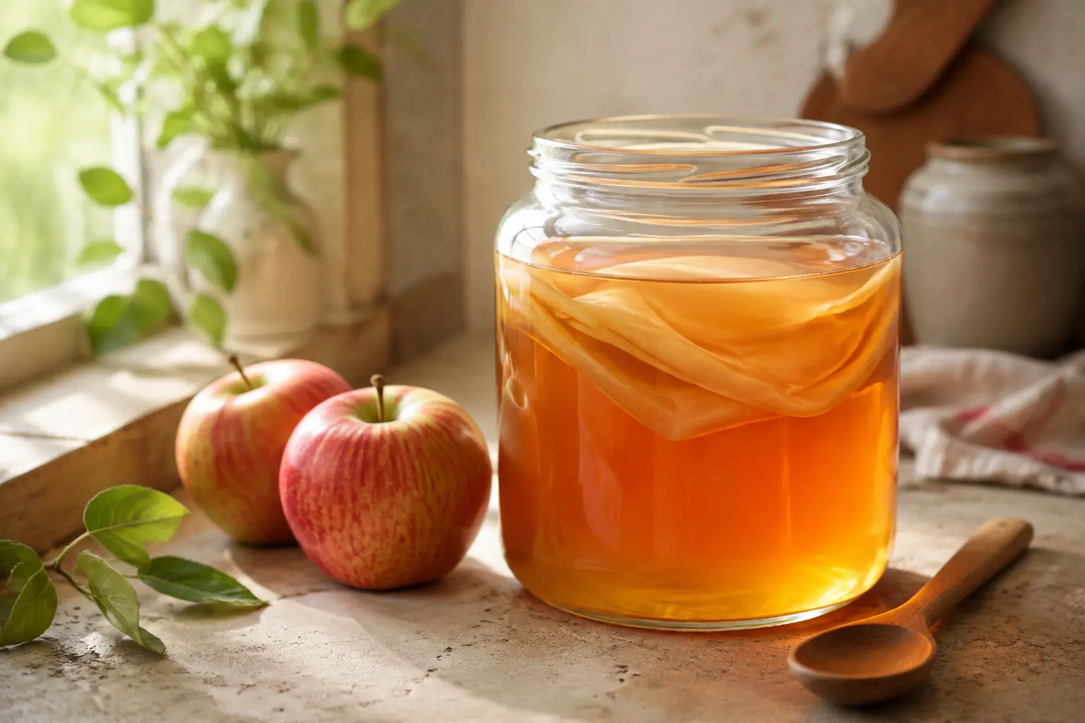 Raw apple cider vinegar in a clear glass jar with a translucent vinegar mother beside fresh apples