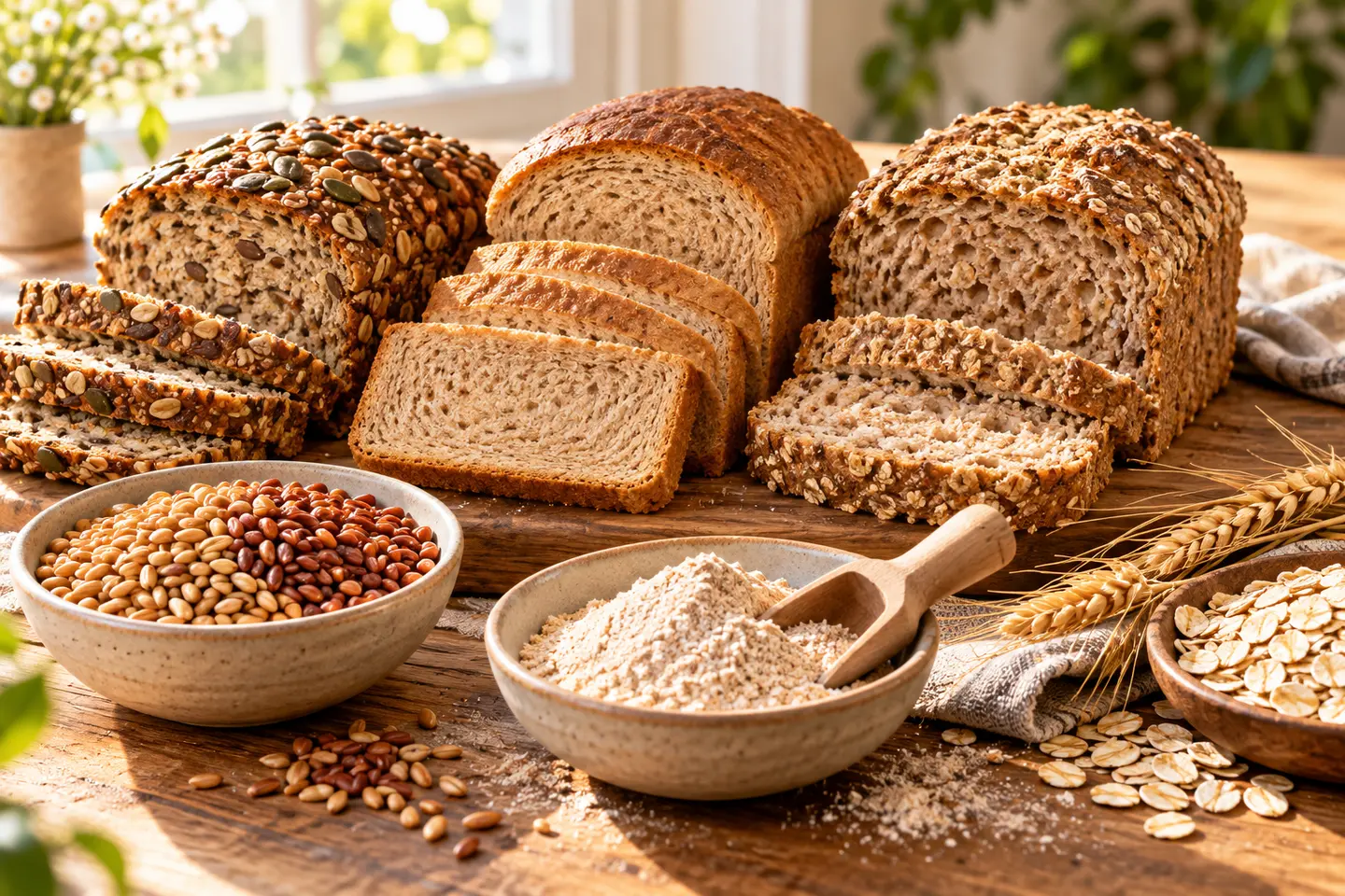 Whole grain wheat kernels, whole wheat flour, rolled oats and three sliced vegan whole grain, whole wheat and multigrain breads on a bright kitchen table