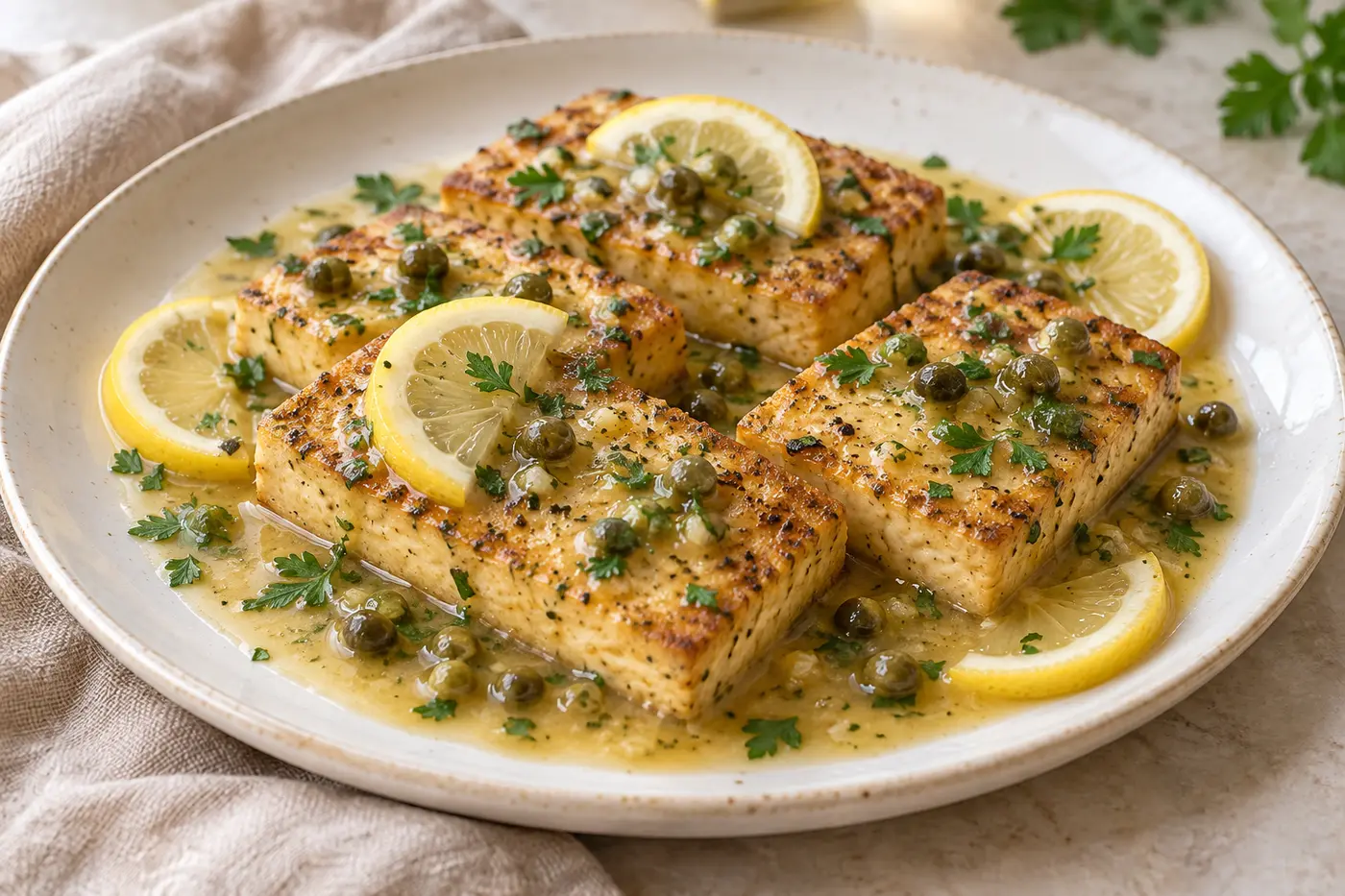 Golden vegan tofu piccata cutlets in glossy lemon-caper sauce with parsley and fresh lemon slices