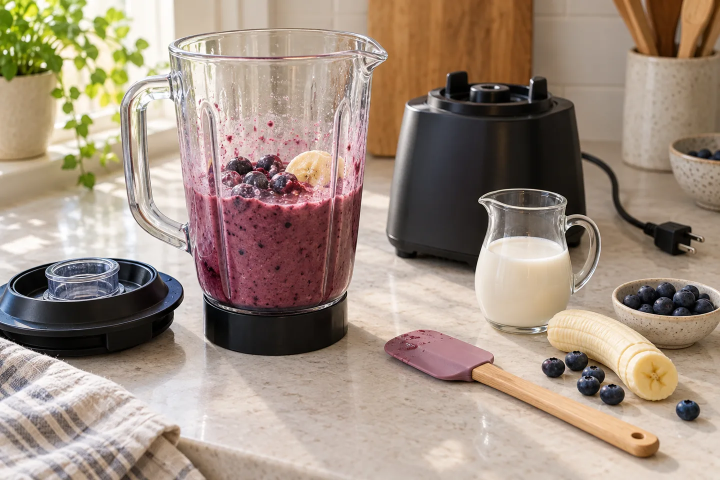A switched-off blender with its unplugged base and removed jug of thick berry-banana smoothie, beside plant milk and a silicone spatula on a dry kitchen counter.