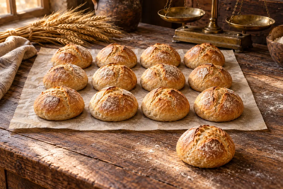 Thirteen rustic bread rolls arranged on a wooden bakery counter, with one extra roll set apart from the dozen
