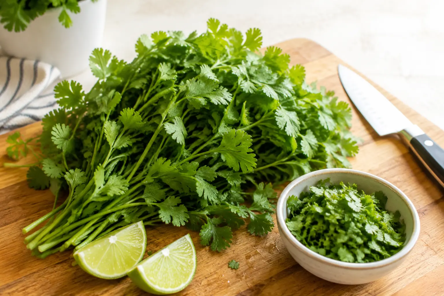 Fresh cilantro leaves beside chopped cilantro, lime wedges and a kitchen knife on a wooden board