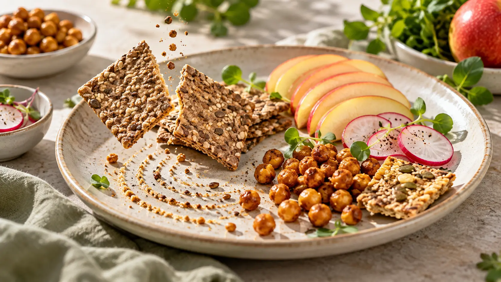 Seeded crackers, apple slices, radishes and roasted chickpeas arranged to evoke the sound and texture of crisp vegan foods