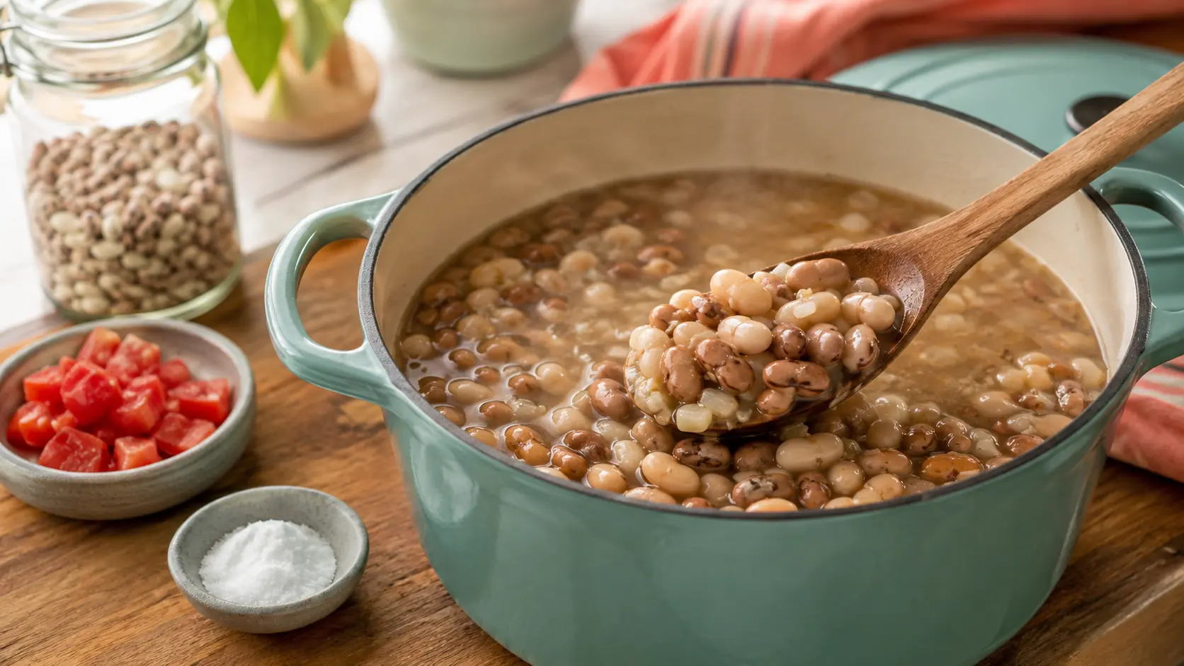 Pot of simmering pinto and white beans beside diced tomatoes, salt and a jar of dried beans in a bright kitchen