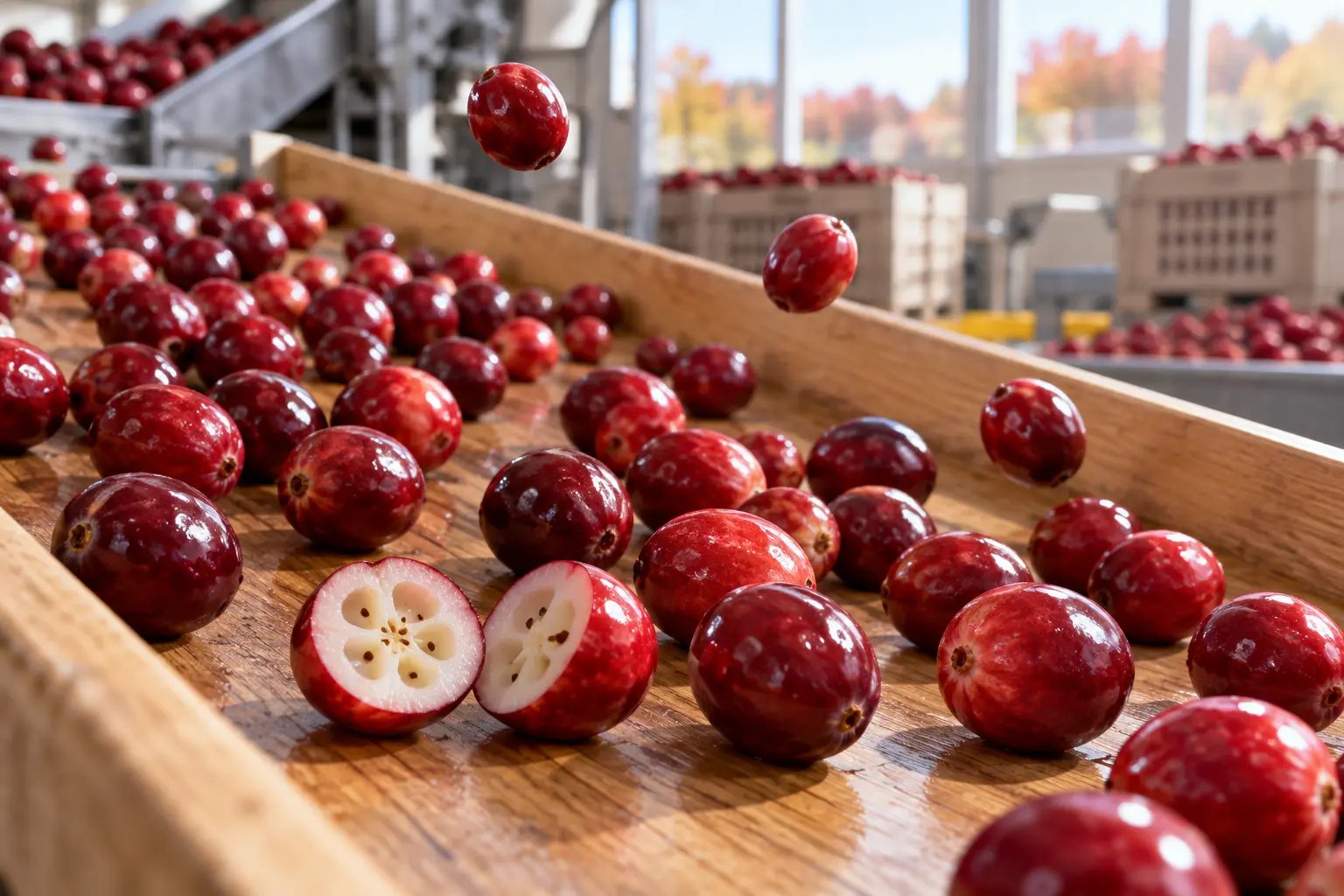 Fresh red cranberries bouncing on a clean wooden sorting tray beside a halved berry showing its pale inner air pockets