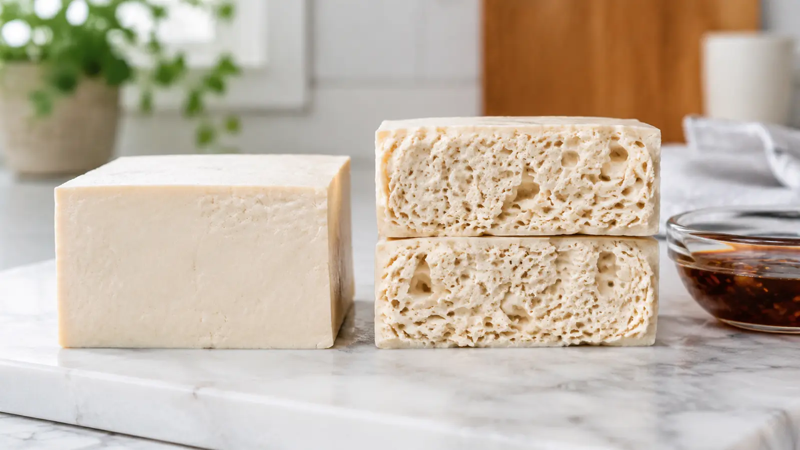 Fresh tofu beside frozen-and-thawed tofu showing a porous sponge-like texture with a bowl of marinade