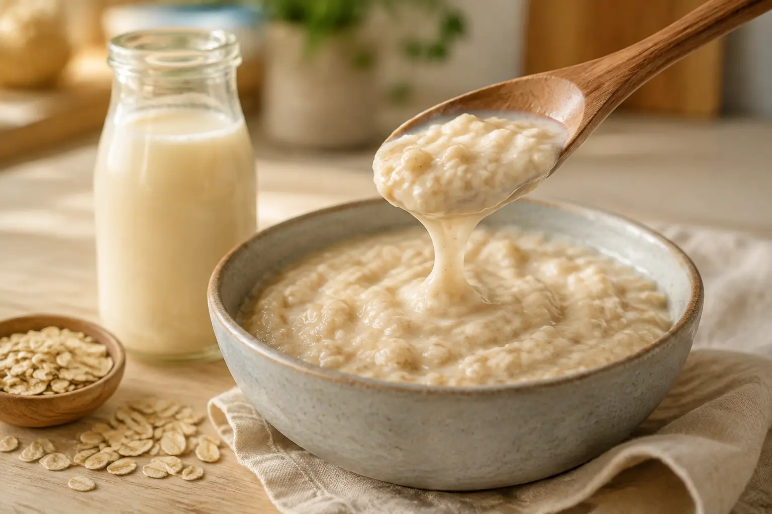 Creamy oatmeal lifting from a wooden spoon beside rolled oats and a glass bottle of oat drink in a warm kitchen