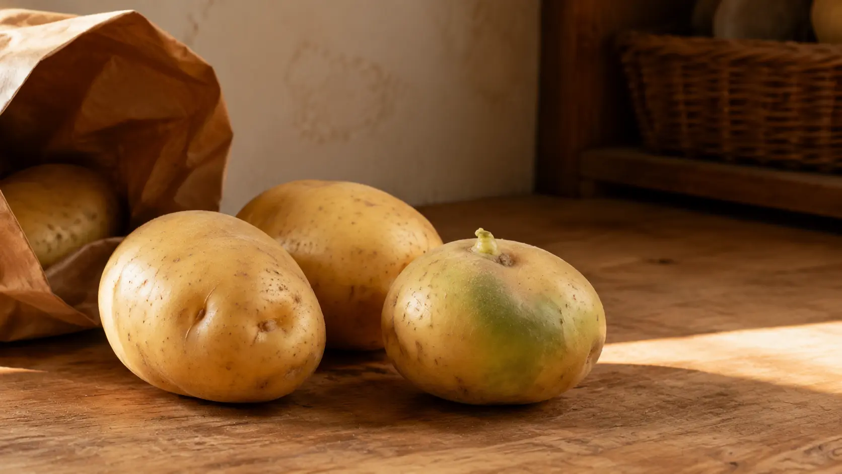 Green potato caused by light exposure beside normal potatoes on a warm pantry counter