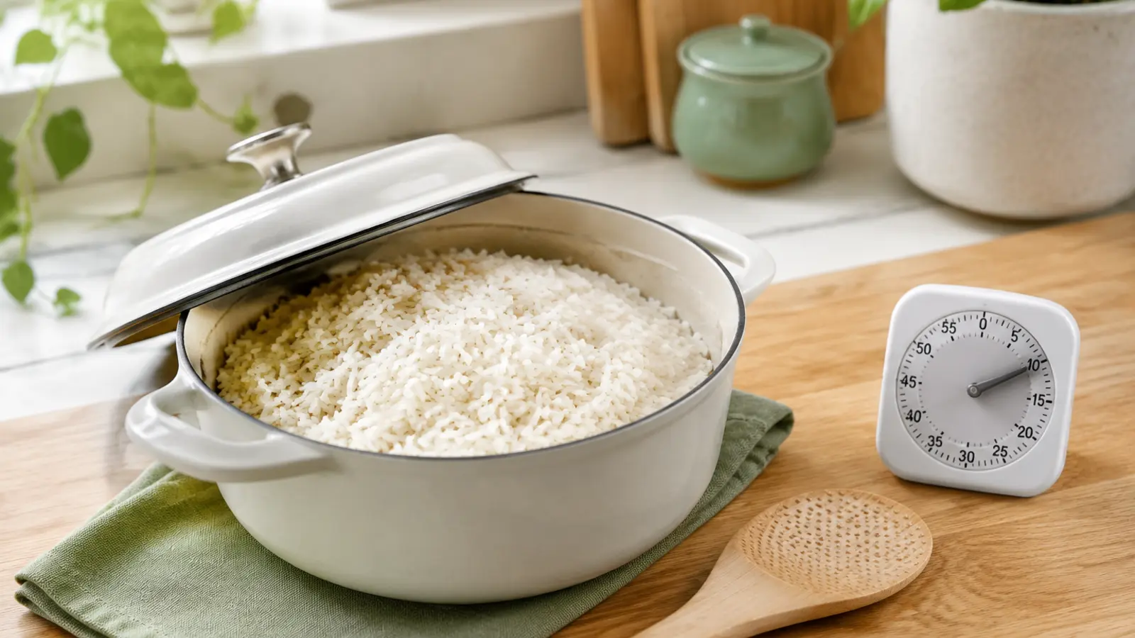 Pot of fluffy long-grain rice resting off the heat beside a ten-minute kitchen timer and wooden rice paddle