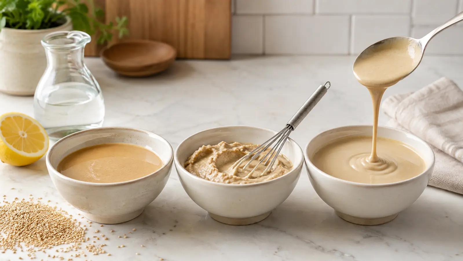 Three bowls showing tahini changing from flowing paste to thick seized mixture and finally smooth creamy sauce after water is added