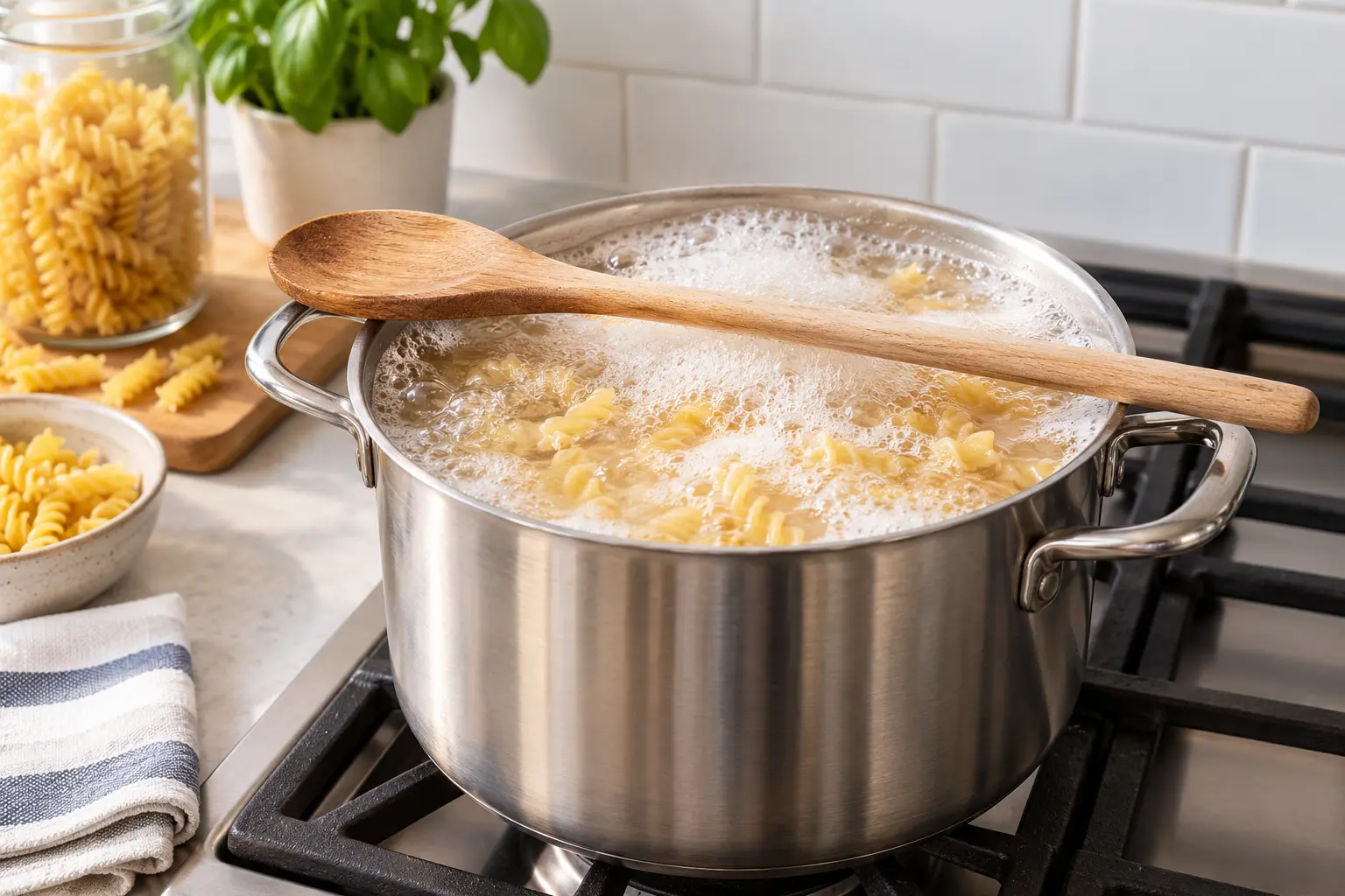 Wooden spoon resting across a stainless-steel pot and interrupting foamy pasta water on a clean home stovetop