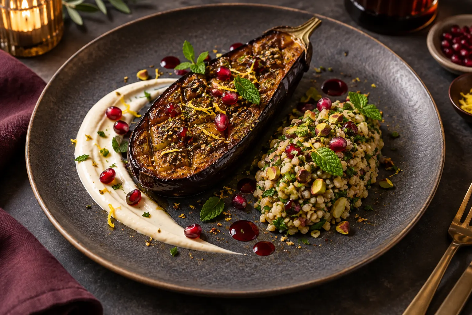 Za’atar-roasted eggplant plated with pistachio freekeh, preserved-lemon vegan labneh, pomegranate glaze, arils and mint
